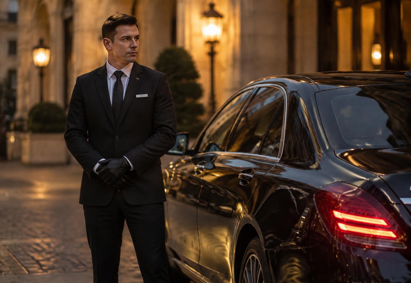 Chauffeur en costume sombre attendant près d'une berline de prestige au crépuscule